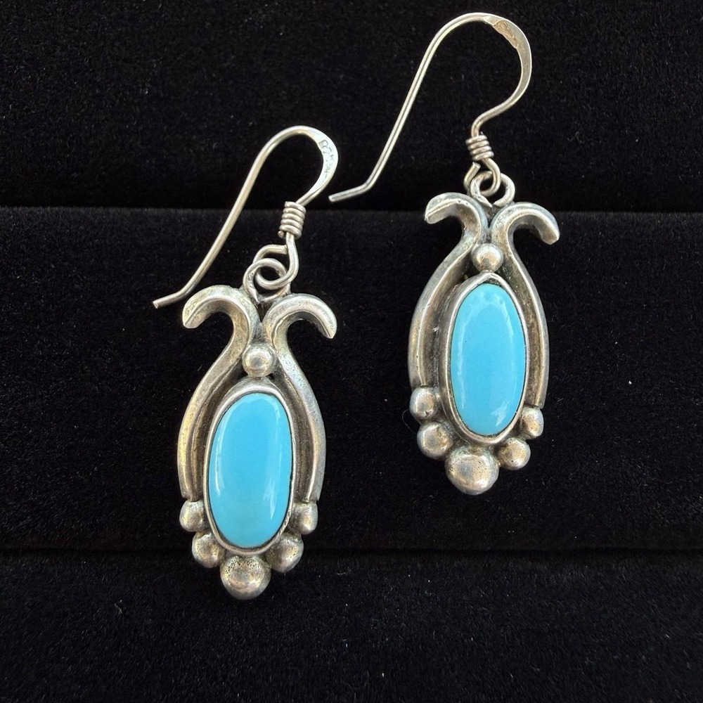 Vintage Navajo Sterling Silver Blue Turquoise Dangle Earrings Signed RB 6.33g